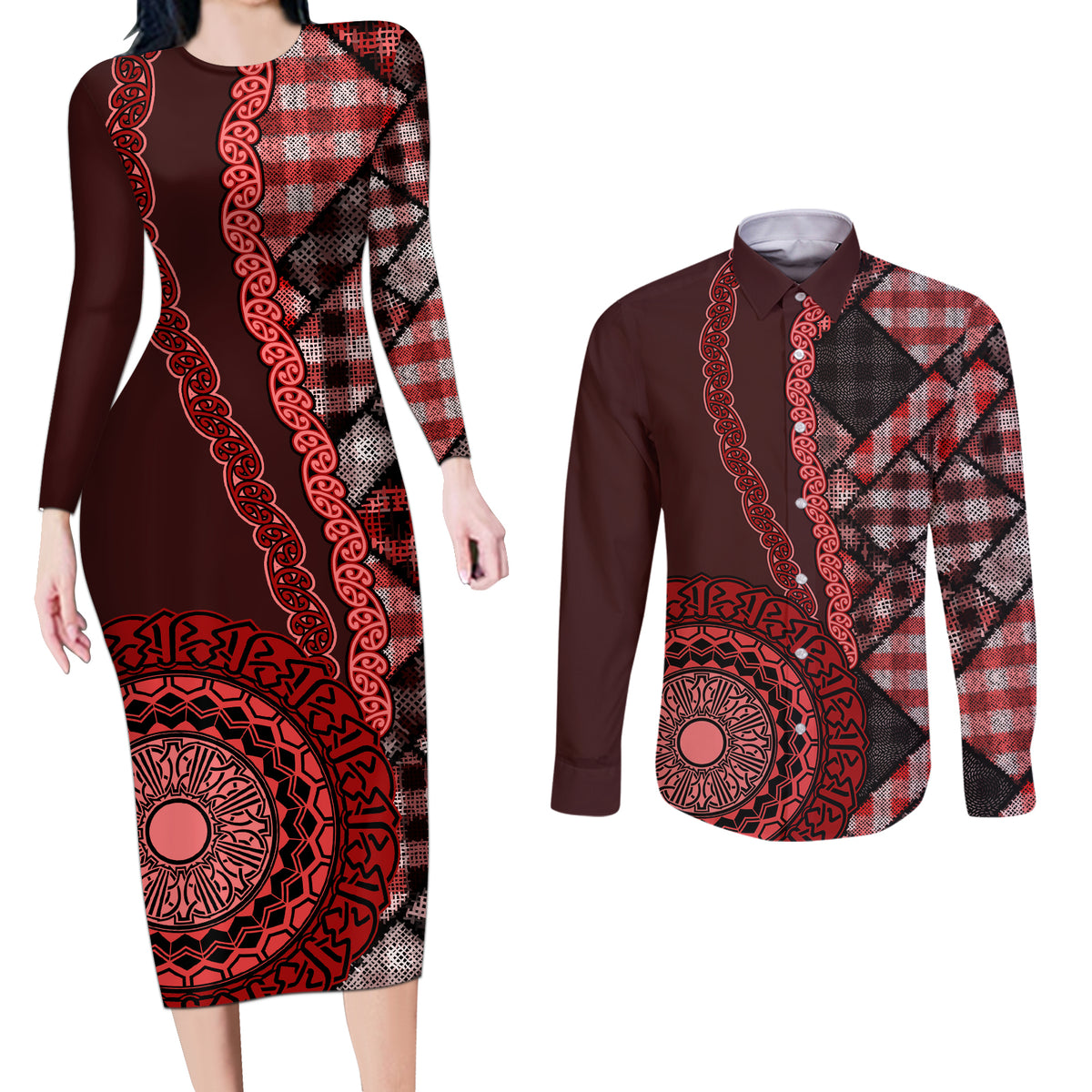 New Zealand Aotearoa Couples Matching Long Sleeve Bodycon Dress and Long Sleeve Button Shirt Maori Harakeke Weaving Pattern Red LT05 Red - Polynesian Pride