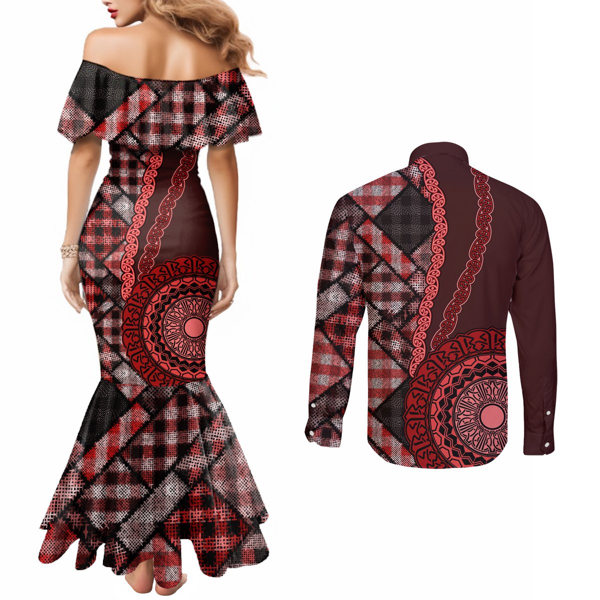 New Zealand Aotearoa Couples Matching Mermaid Dress and Long Sleeve Button Shirt Maori Harakeke Weaving Pattern Red LT05 - Polynesian Pride