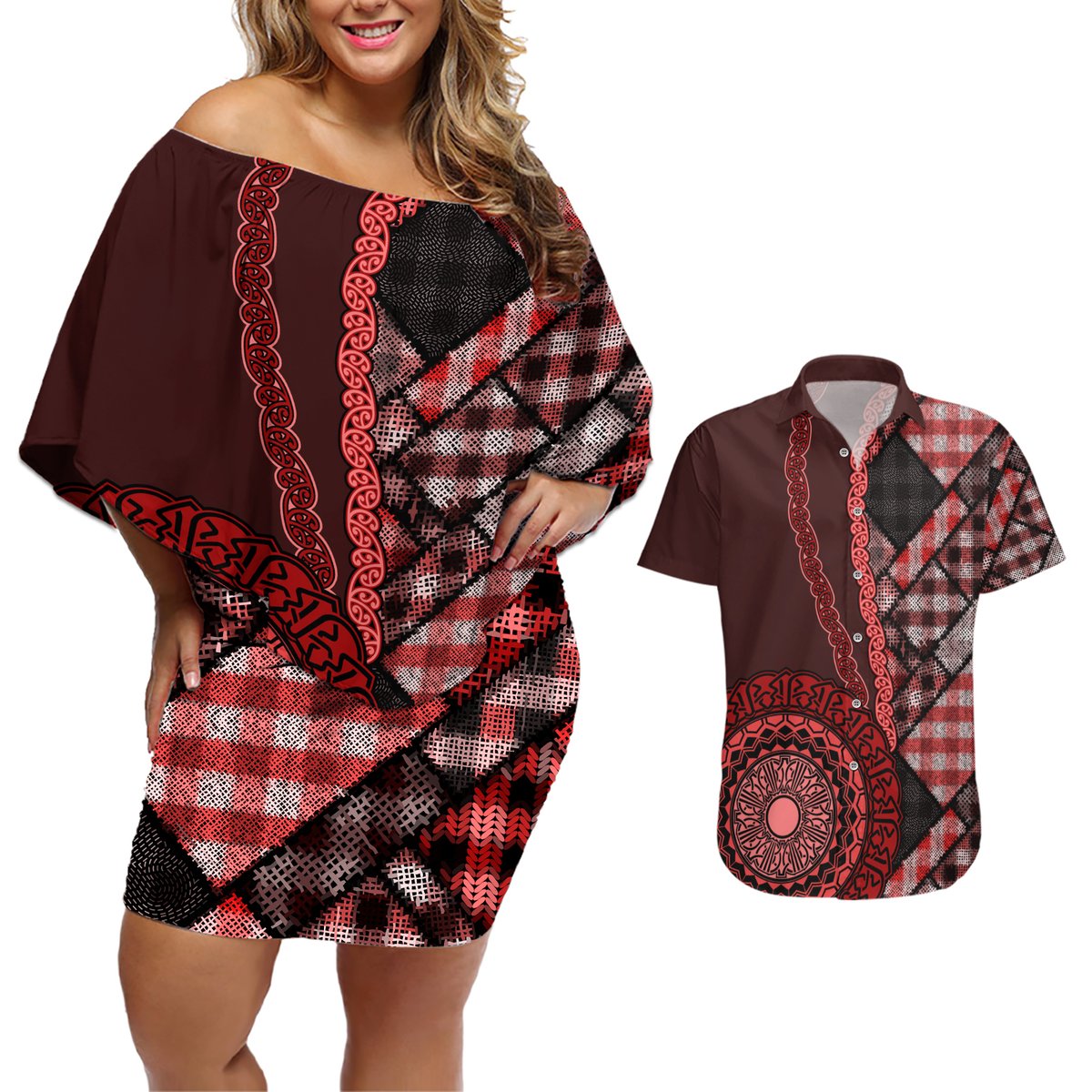 New Zealand Aotearoa Couples Matching Off Shoulder Short Dress and Hawaiian Shirt Maori Harakeke Weaving Pattern Red LT05 Red - Polynesian Pride
