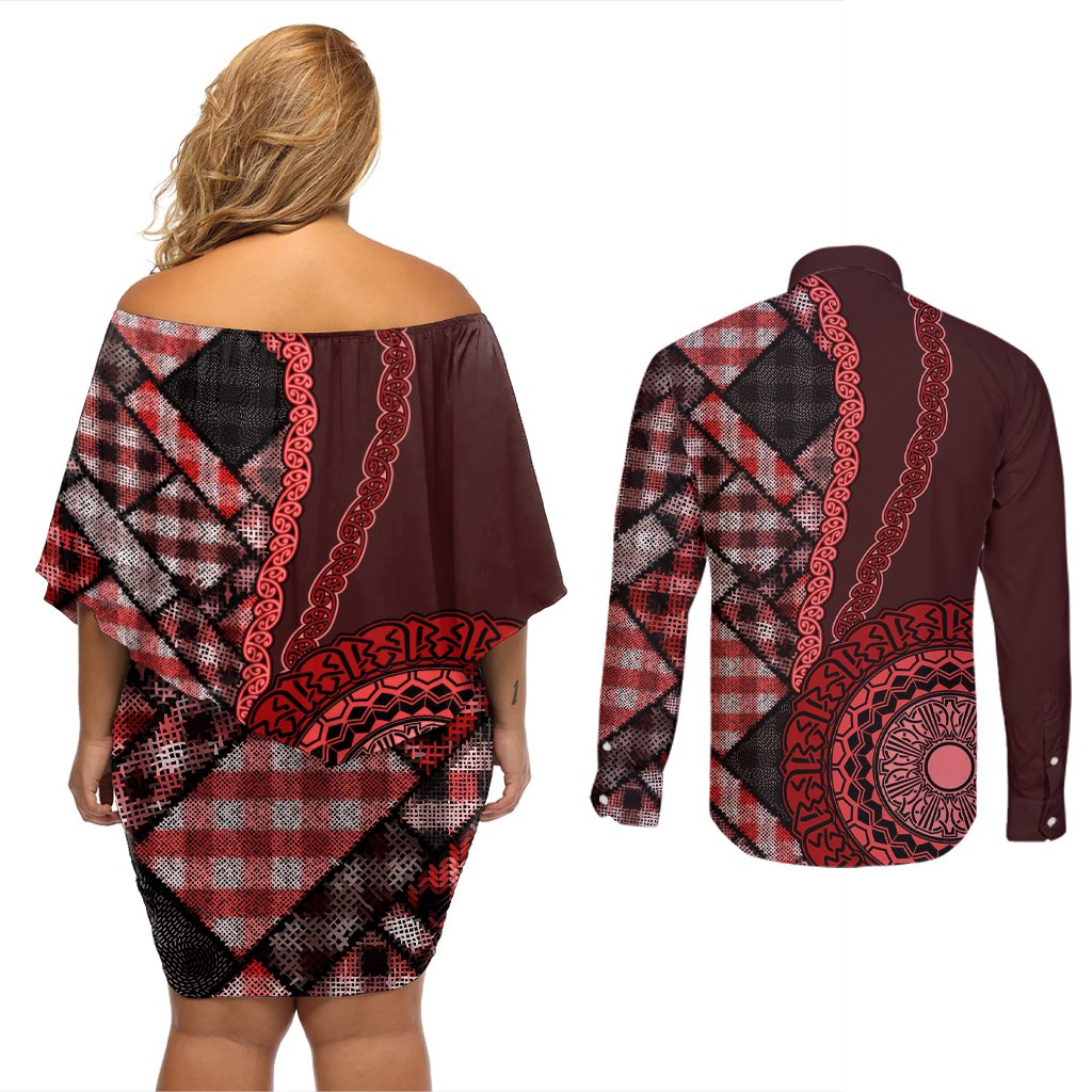 New Zealand Aotearoa Couples Matching Off Shoulder Short Dress and Long Sleeve Button Shirt Maori Harakeke Weaving Pattern Red LT05 - Polynesian Pride