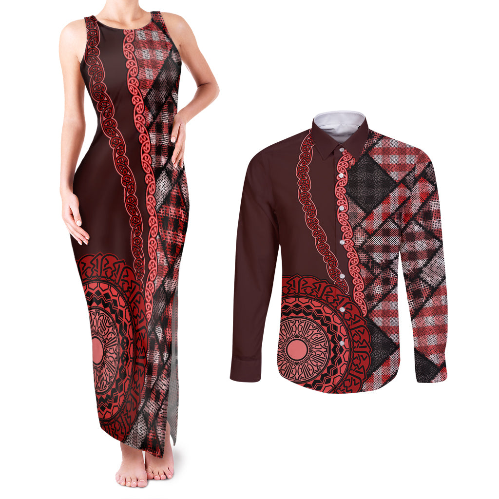 New Zealand Aotearoa Couples Matching Tank Maxi Dress and Long Sleeve Button Shirt Maori Harakeke Weaving Pattern Red LT05 Red - Polynesian Pride