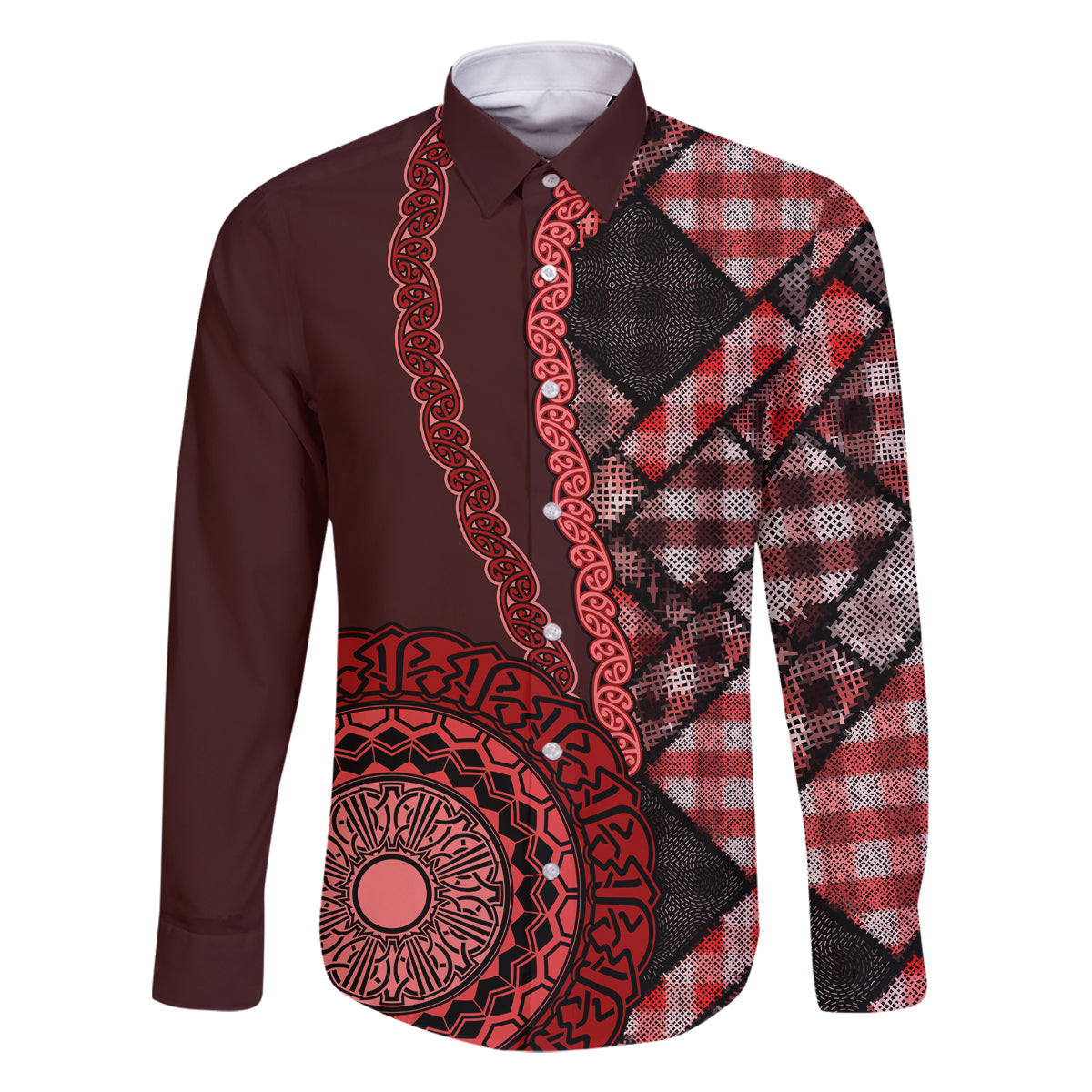 New Zealand Aotearoa Family Matching Off Shoulder Long Sleeve Dress and Hawaiian Shirt Maori Harakeke Weaving Pattern Red LT05 Dad's Shirt - Long Sleeve Red - Polynesian Pride