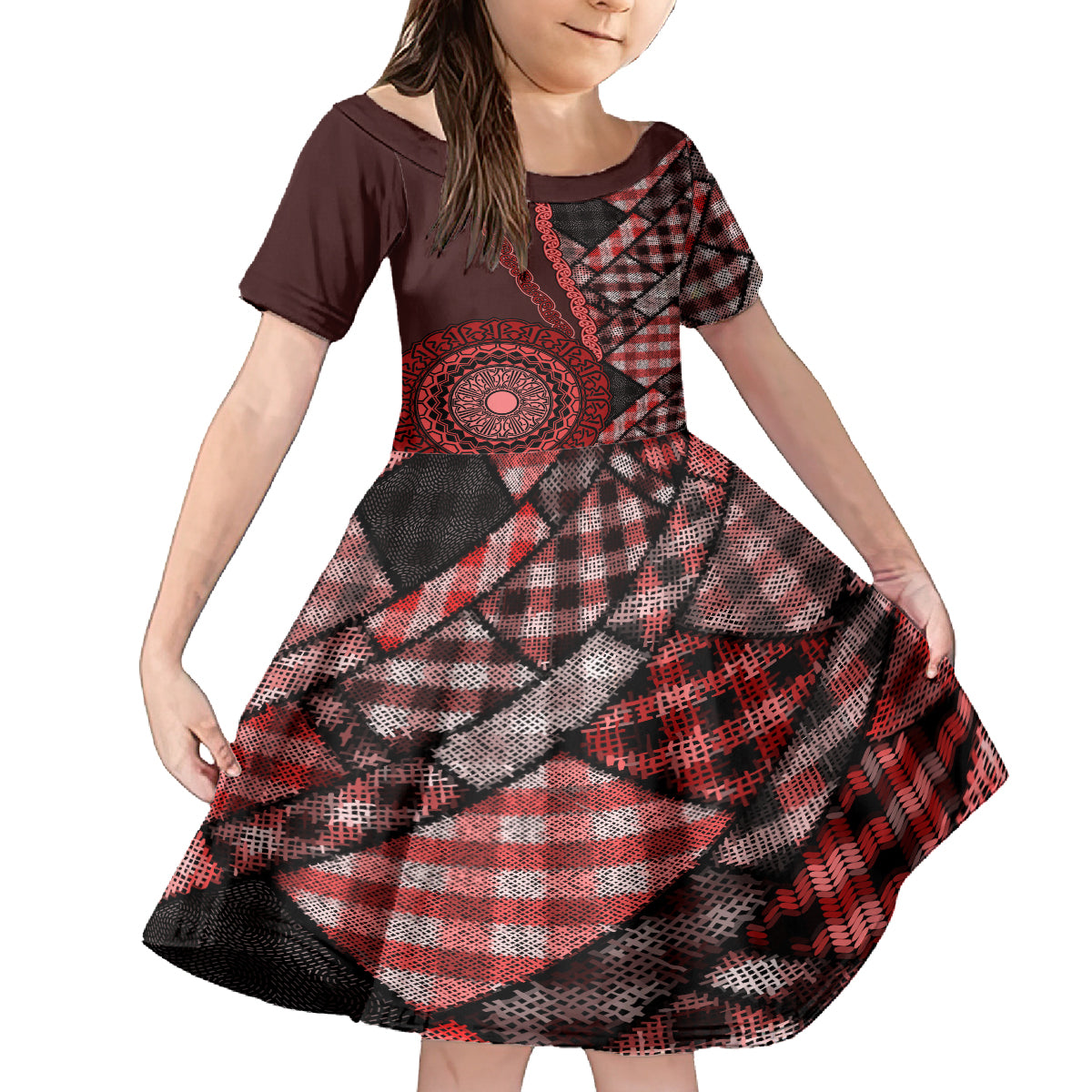 New Zealand Aotearoa Family Matching Tank Maxi Dress and Hawaiian Shirt Maori Harakeke Weaving Pattern Red LT05 Daughter's Dress Red - Polynesian Pride