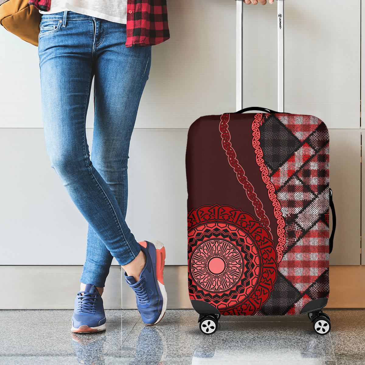 New Zealand Aotearoa Luggage Cover Maori Harakeke Weaving Pattern Red LT05 - Polynesian Pride