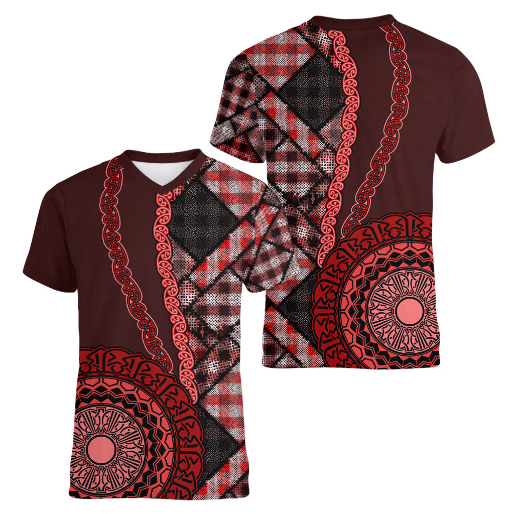 New Zealand Aotearoa Women V Neck T Shirt Maori Harakeke Weaving Pattern Red LT05 - Polynesian Pride