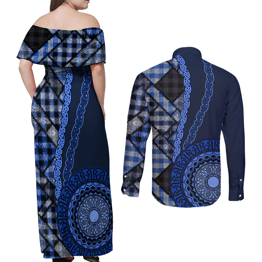 New Zealand Aotearoa Couples Matching Off Shoulder Maxi Dress and Long Sleeve Button Shirt Maori Harakeke Weaving Pattern Blue LT05 - Polynesian Pride