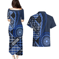 New Zealand Aotearoa Couples Matching Puletasi Dress and Hawaiian Shirt Maori Harakeke Weaving Pattern Blue LT05 - Polynesian Pride