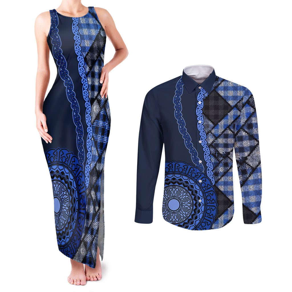 New Zealand Aotearoa Couples Matching Tank Maxi Dress and Long Sleeve Button Shirt Maori Harakeke Weaving Pattern Blue LT05 Blue - Polynesian Pride