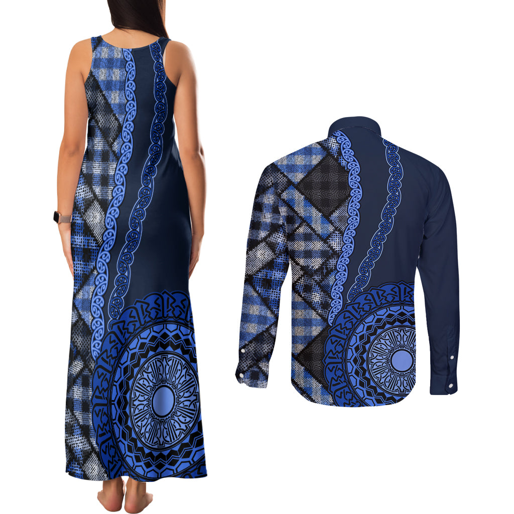 New Zealand Aotearoa Couples Matching Tank Maxi Dress and Long Sleeve Button Shirt Maori Harakeke Weaving Pattern Blue LT05 - Polynesian Pride