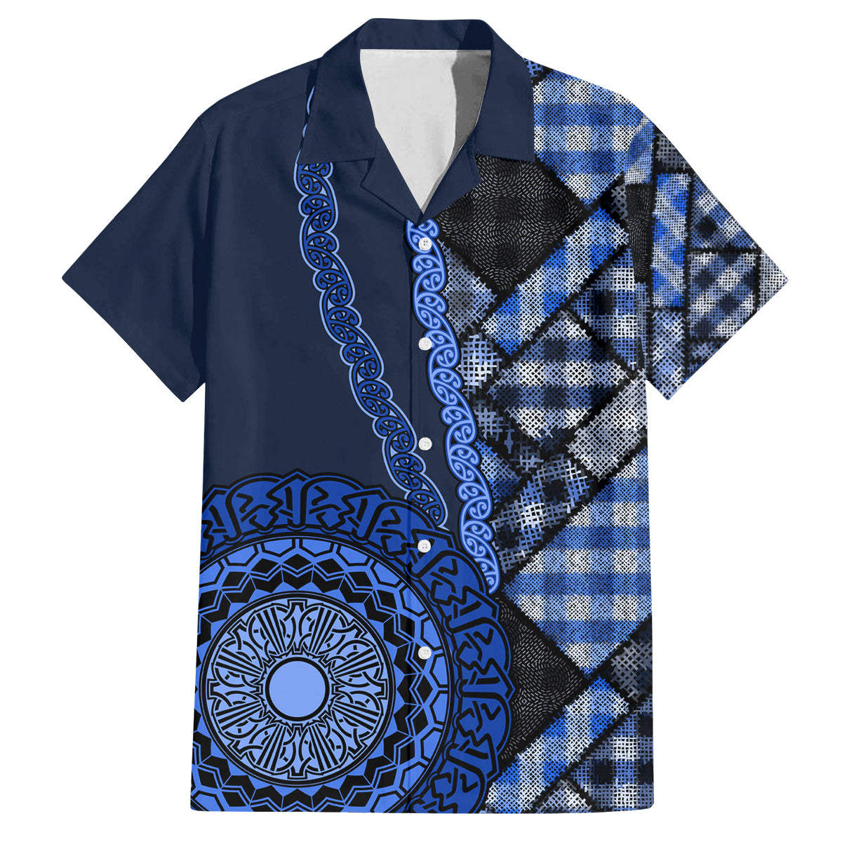 New Zealand Aotearoa Family Matching Long Sleeve Bodycon Dress and Hawaiian Shirt Maori Harakeke Weaving Pattern Blue LT05 Dad's Shirt - Short Sleeve Blue - Polynesian Pride