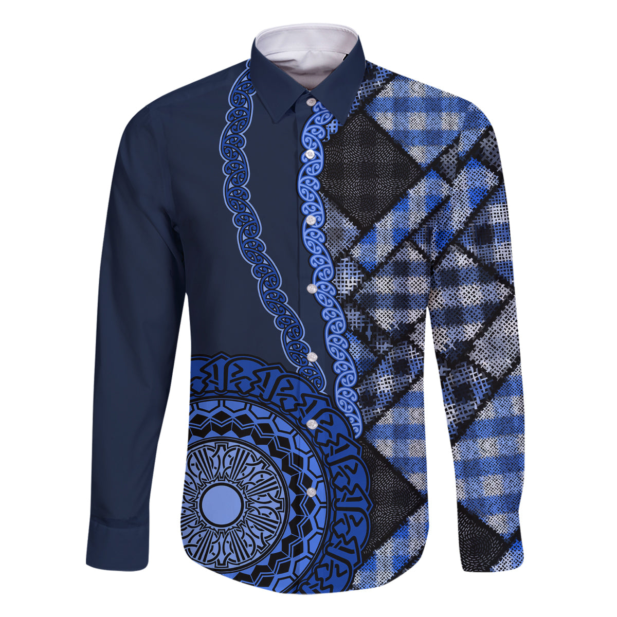 New Zealand Aotearoa Family Matching Off Shoulder Long Sleeve Dress and Hawaiian Shirt Maori Harakeke Weaving Pattern Blue LT05 Dad's Shirt - Long Sleeve Blue - Polynesian Pride