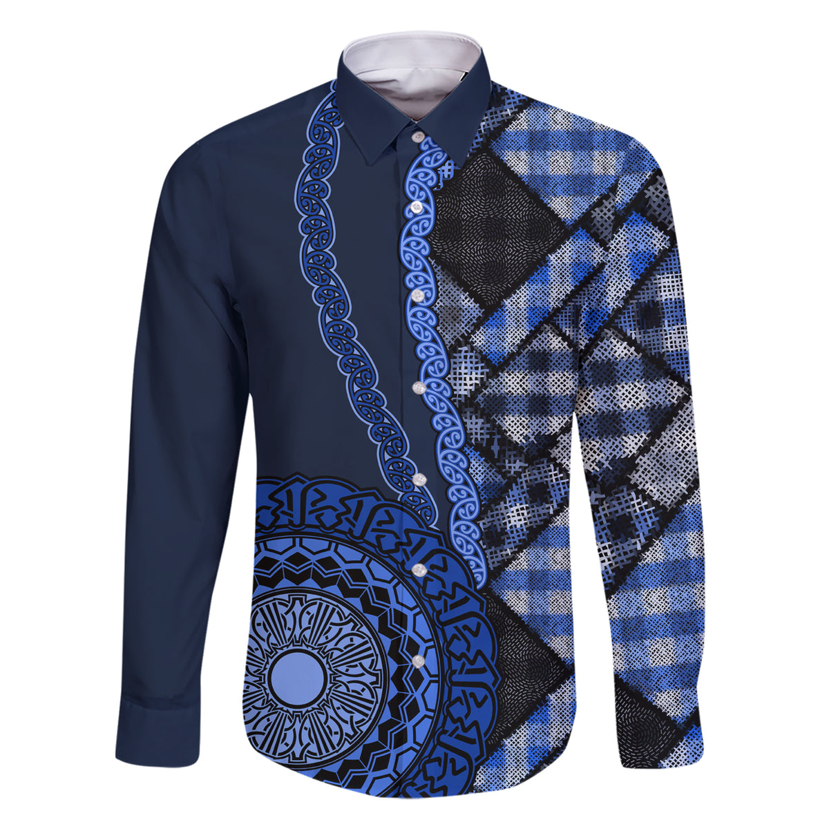New Zealand Aotearoa Family Matching Short Sleeve Bodycon Dress and Hawaiian Shirt Maori Harakeke Weaving Pattern Blue LT05 Dad's Shirt - Long Sleeve Blue - Polynesian Pride