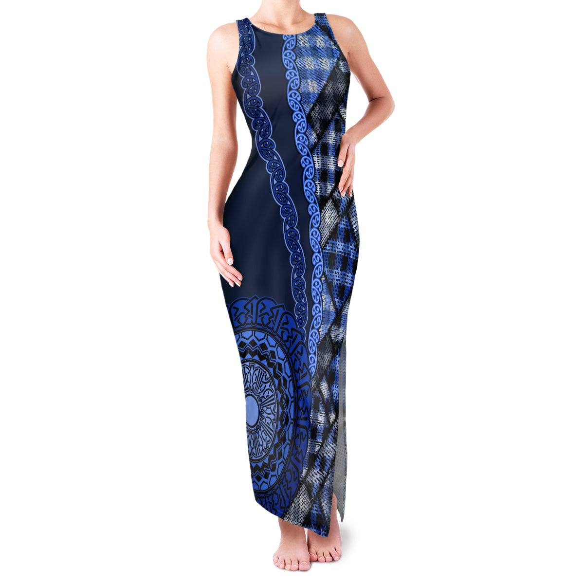 New Zealand Aotearoa Family Matching Tank Maxi Dress and Hawaiian Shirt Maori Harakeke Weaving Pattern Blue LT05 Mom's Dress Blue - Polynesian Pride