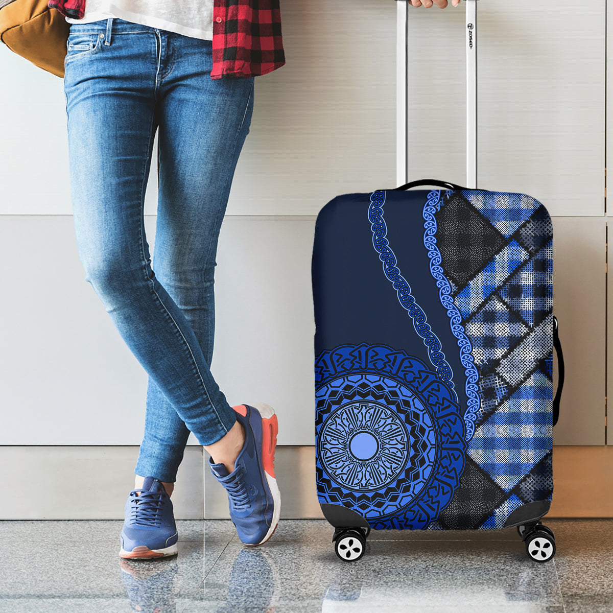 New Zealand Aotearoa Luggage Cover Maori Harakeke Weaving Pattern Blue LT05 - Polynesian Pride