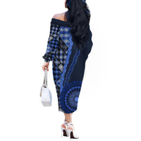 New Zealand Aotearoa Off The Shoulder Long Sleeve Dress Maori Harakeke Weaving Pattern Blue LT05 - Polynesian Pride