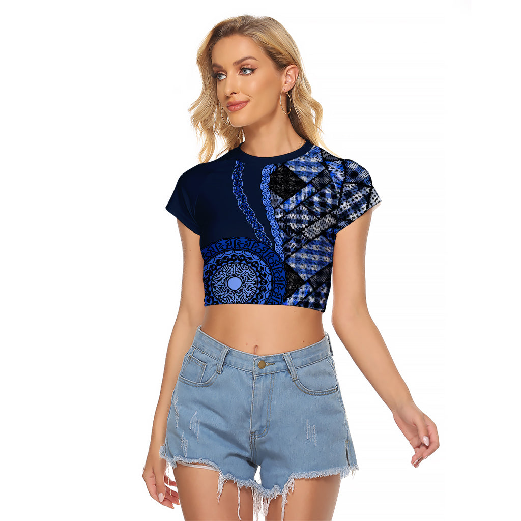 New Zealand Aotearoa Raglan Cropped T Shirt Maori Harakeke Weaving Pattern Blue LT05 Female Blue - Polynesian Pride