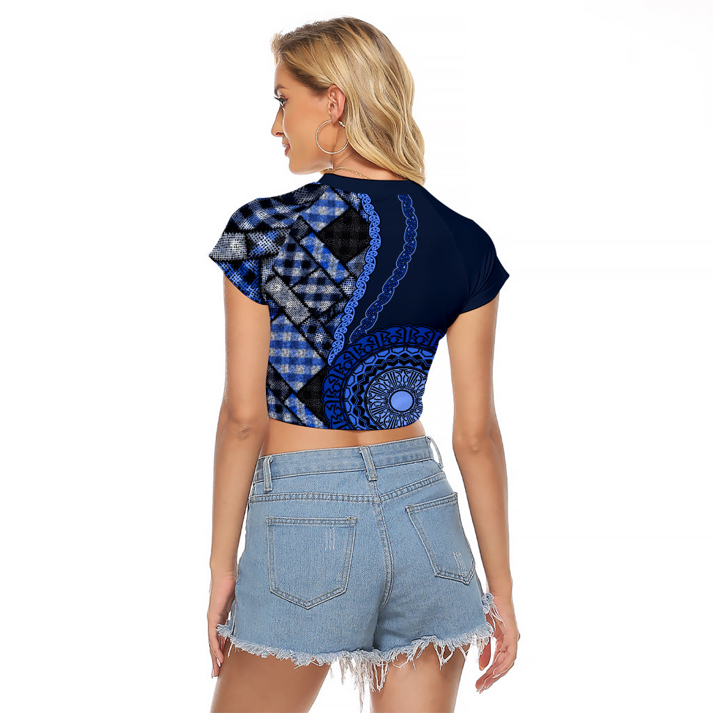 New Zealand Aotearoa Raglan Cropped T Shirt Maori Harakeke Weaving Pattern Blue LT05 - Polynesian Pride