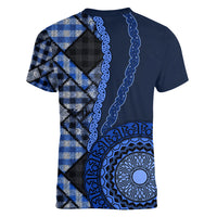 New Zealand Aotearoa Women V Neck T Shirt Maori Harakeke Weaving Pattern Blue LT05 - Polynesian Pride
