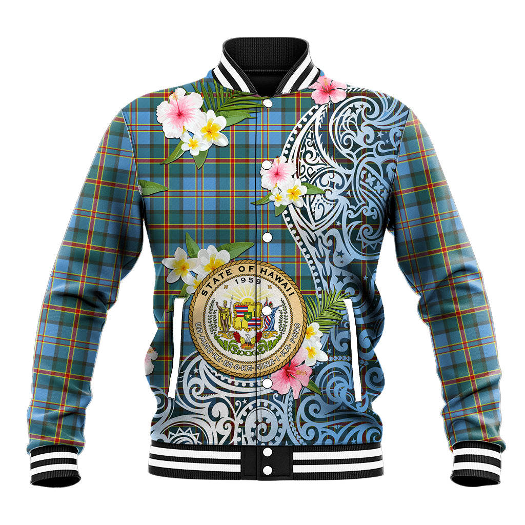 Personalised Hawaii State Baseball Jacket Tropical Flowers With Tartan Pattern LT05 Unisex Blue - Polynesian Pride