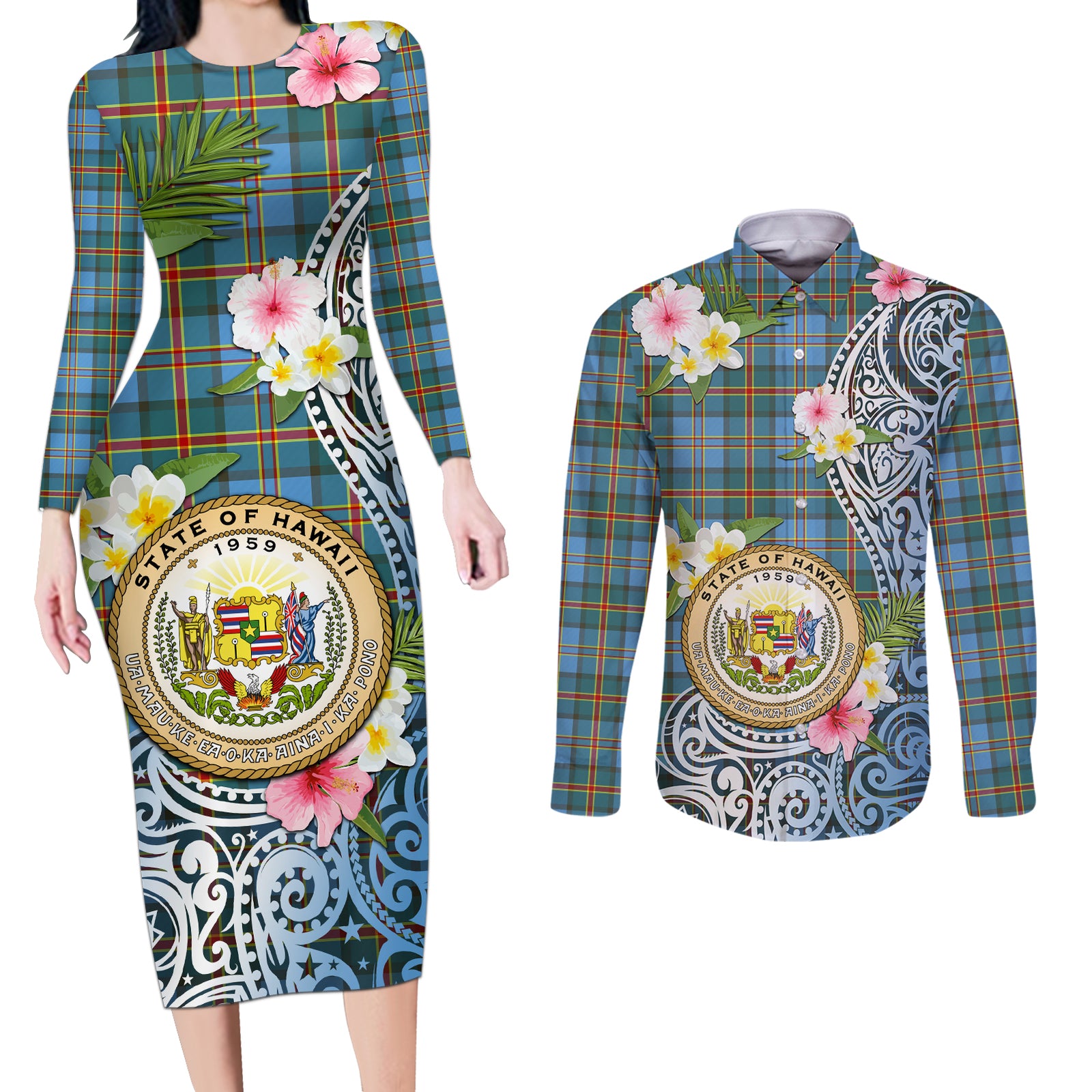 Personalised Hawaii State Couples Matching Long Sleeve Bodycon Dress and Long Sleeve Button Shirt Tropical Flowers With Tartan Pattern LT05 Blue - Polynesian Pride