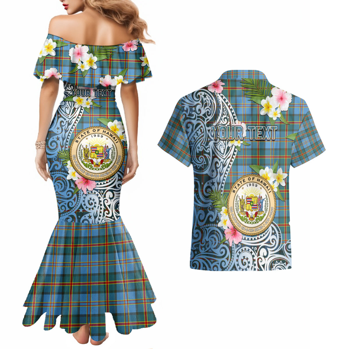 Personalised Hawaii State Couples Matching Mermaid Dress and Hawaiian Shirt Tropical Flowers With Tartan Pattern LT05 - Polynesian Pride