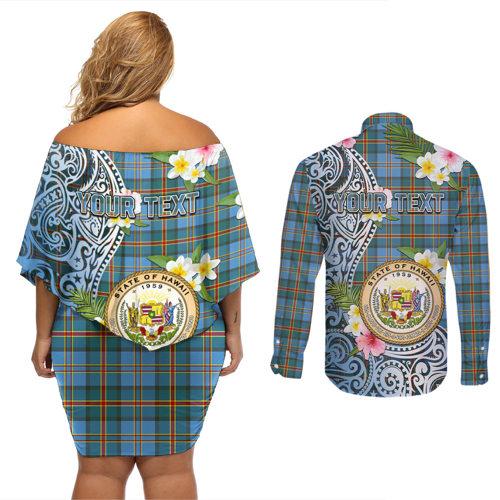 Personalised Hawaii State Couples Matching Off Shoulder Short Dress and Long Sleeve Button Shirt Tropical Flowers With Tartan Pattern LT05 - Polynesian Pride