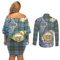 Personalised Hawaii State Couples Matching Off Shoulder Short Dress and Long Sleeve Button Shirt Tropical Flowers With Tartan Pattern LT05 - Polynesian Pride