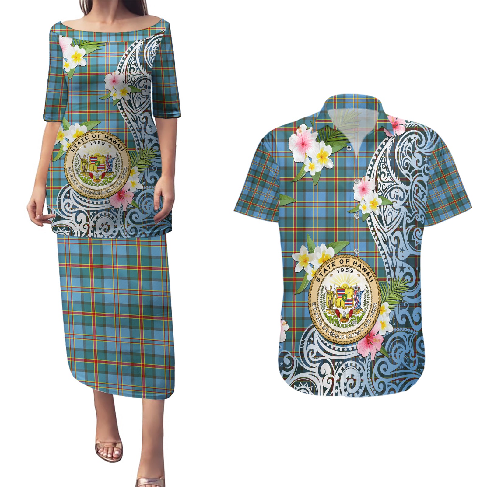 Personalised Hawaii State Couples Matching Puletasi Dress and Hawaiian Shirt Tropical Flowers With Tartan Pattern LT05 Blue - Polynesian Pride