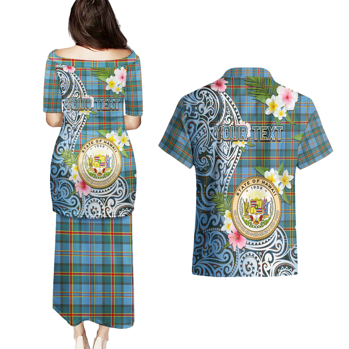 Personalised Hawaii State Couples Matching Puletasi Dress and Hawaiian Shirt Tropical Flowers With Tartan Pattern LT05 - Polynesian Pride