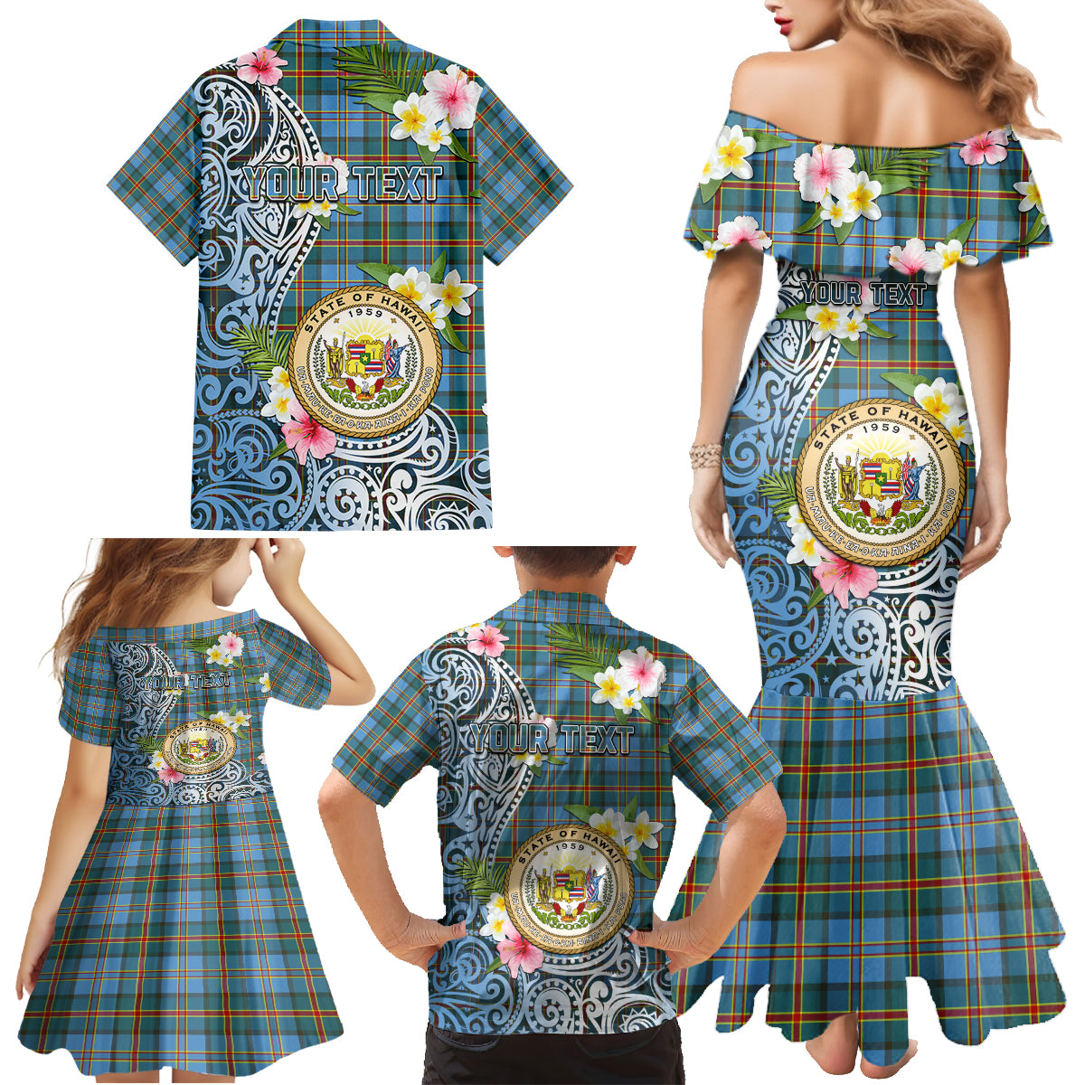 Personalised Hawaii State Family Matching Mermaid Dress and Hawaiian Shirt Tropical Flowers With Tartan Pattern LT05 - Polynesian Pride