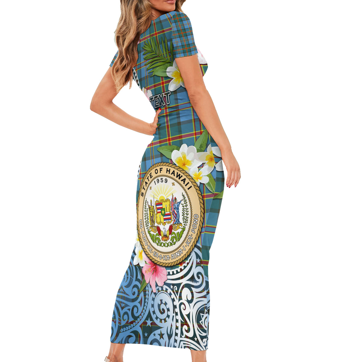 Personalised Hawaii State Family Matching Short Sleeve Bodycon Dress and Hawaiian Shirt Tropical Flowers With Tartan Pattern LT05 - Polynesian Pride