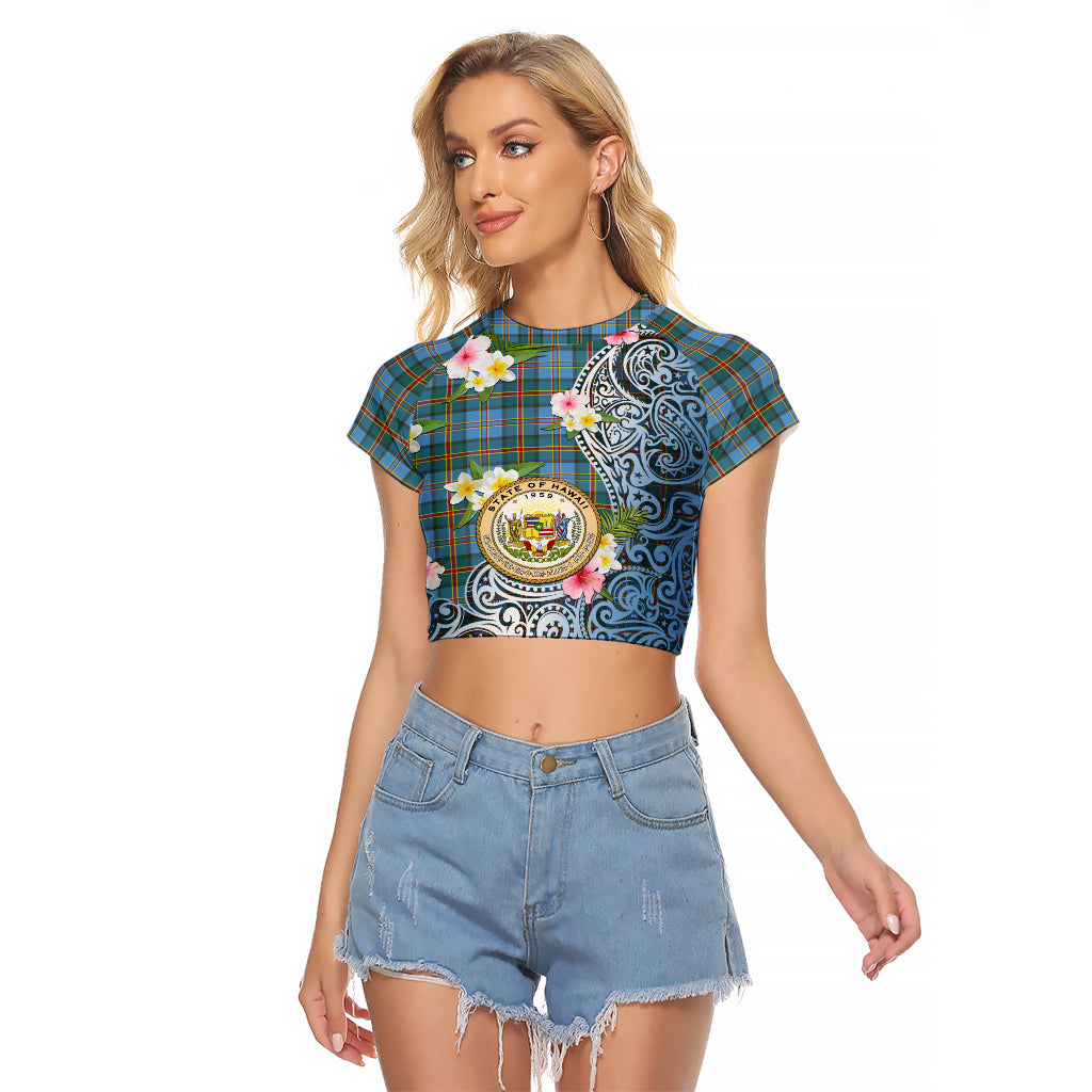Personalised Hawaii State Raglan Cropped T Shirt Tropical Flowers With Tartan Pattern LT05 Female Blue - Polynesian Pride
