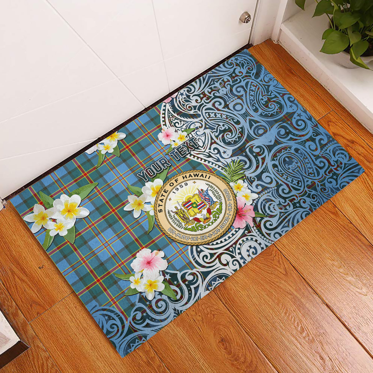 Hawaii State Rubber Doormat Tropical Flowers With Tartan Pattern LT05 Blue - Polynesian Pride