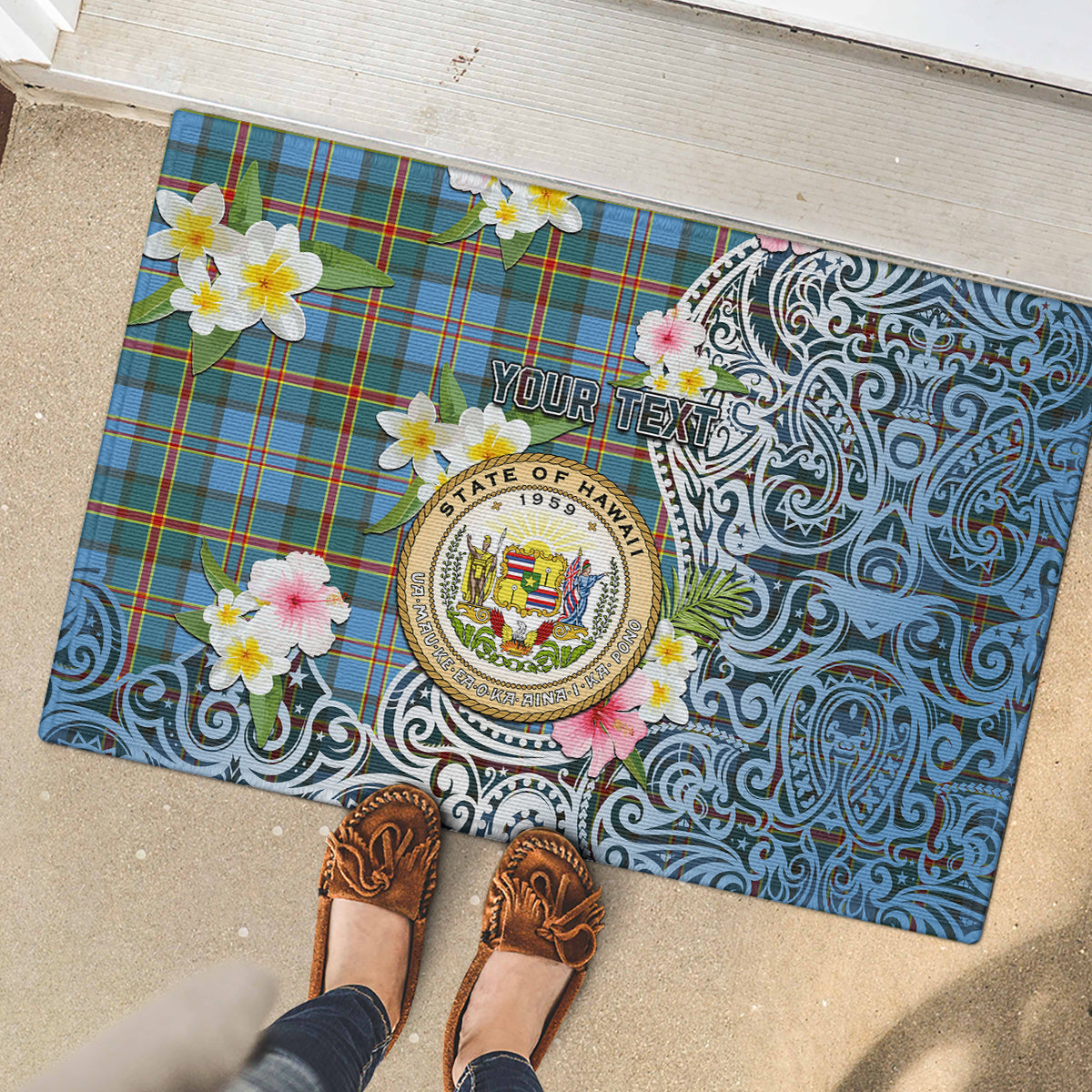 Hawaii State Rubber Doormat Tropical Flowers With Tartan Pattern LT05 - Polynesian Pride