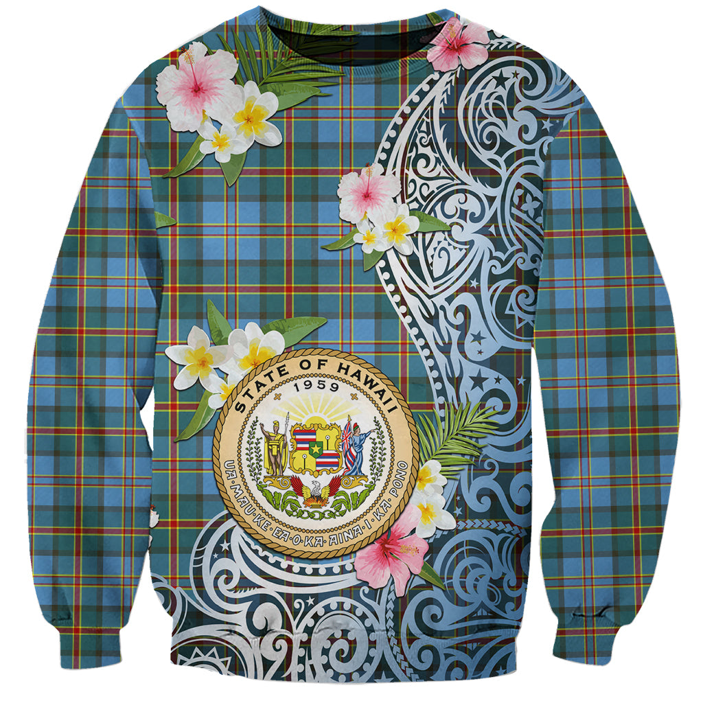 Personalised Hawaii State Sweatshirt Tropical Flowers With Tartan Pattern LT05 Unisex Blue - Polynesian Pride