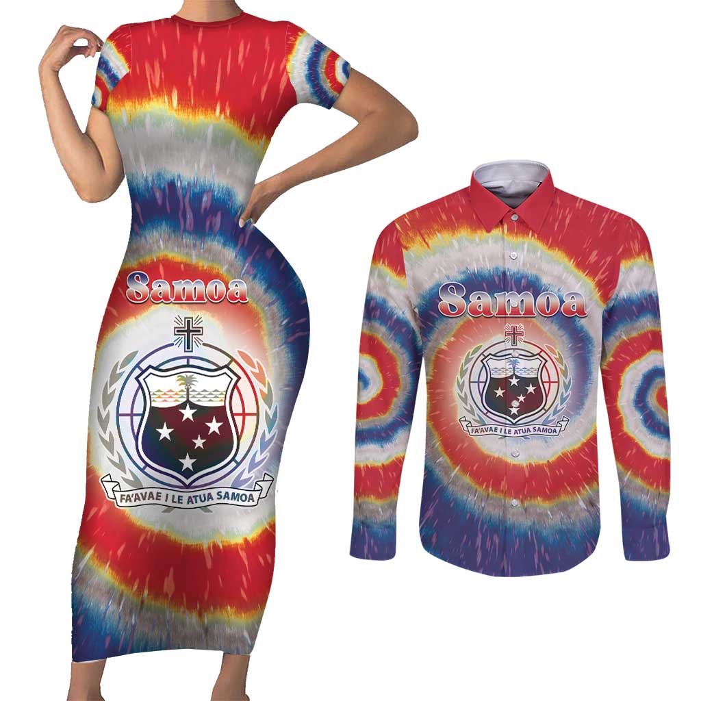 Samoa Couples Matching Short Sleeve Bodycon Dress and Long Sleeve Button Shirt Tie Dye Unique Style