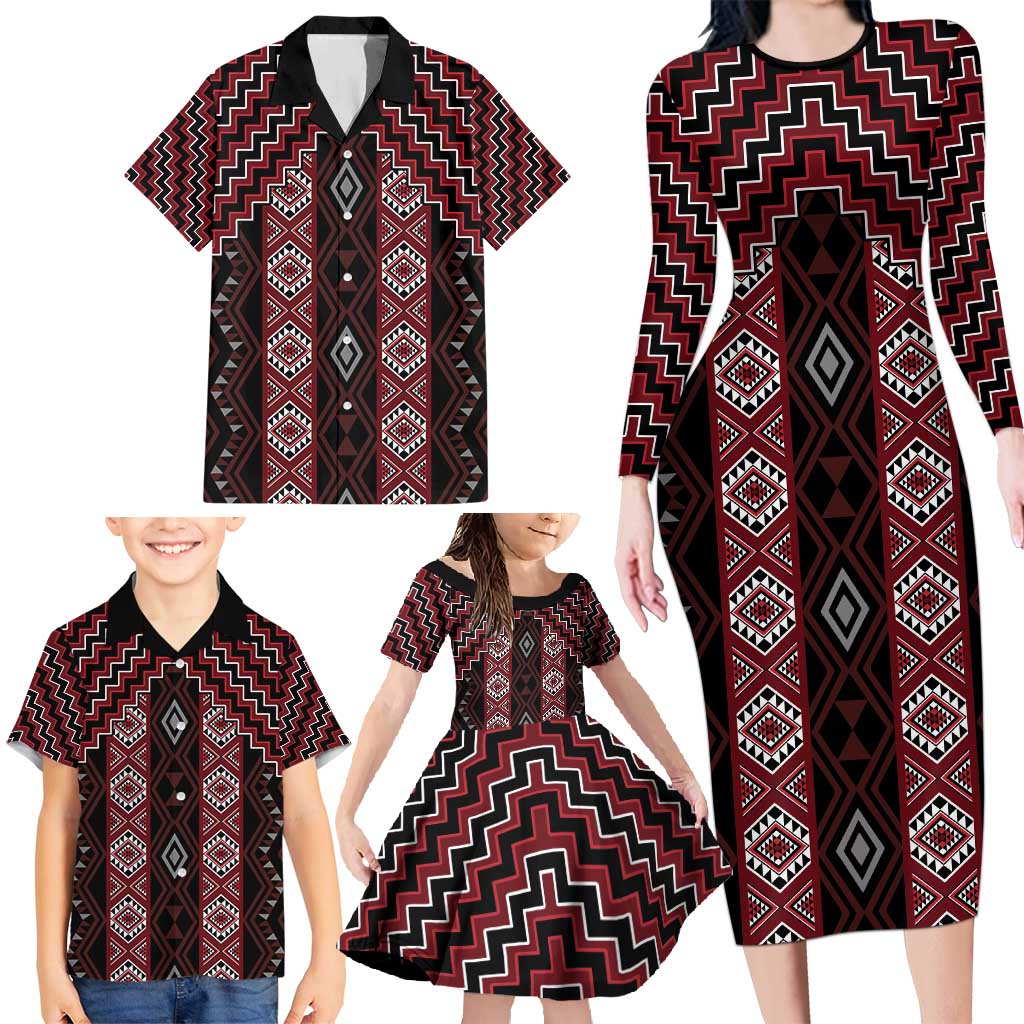 New Zealand Aotearoa Family Matching Long Sleeve Bodycon Dress and Hawaiian Shirt Red Poutama With Taniko Pattern LT05 - Polynesian Pride
