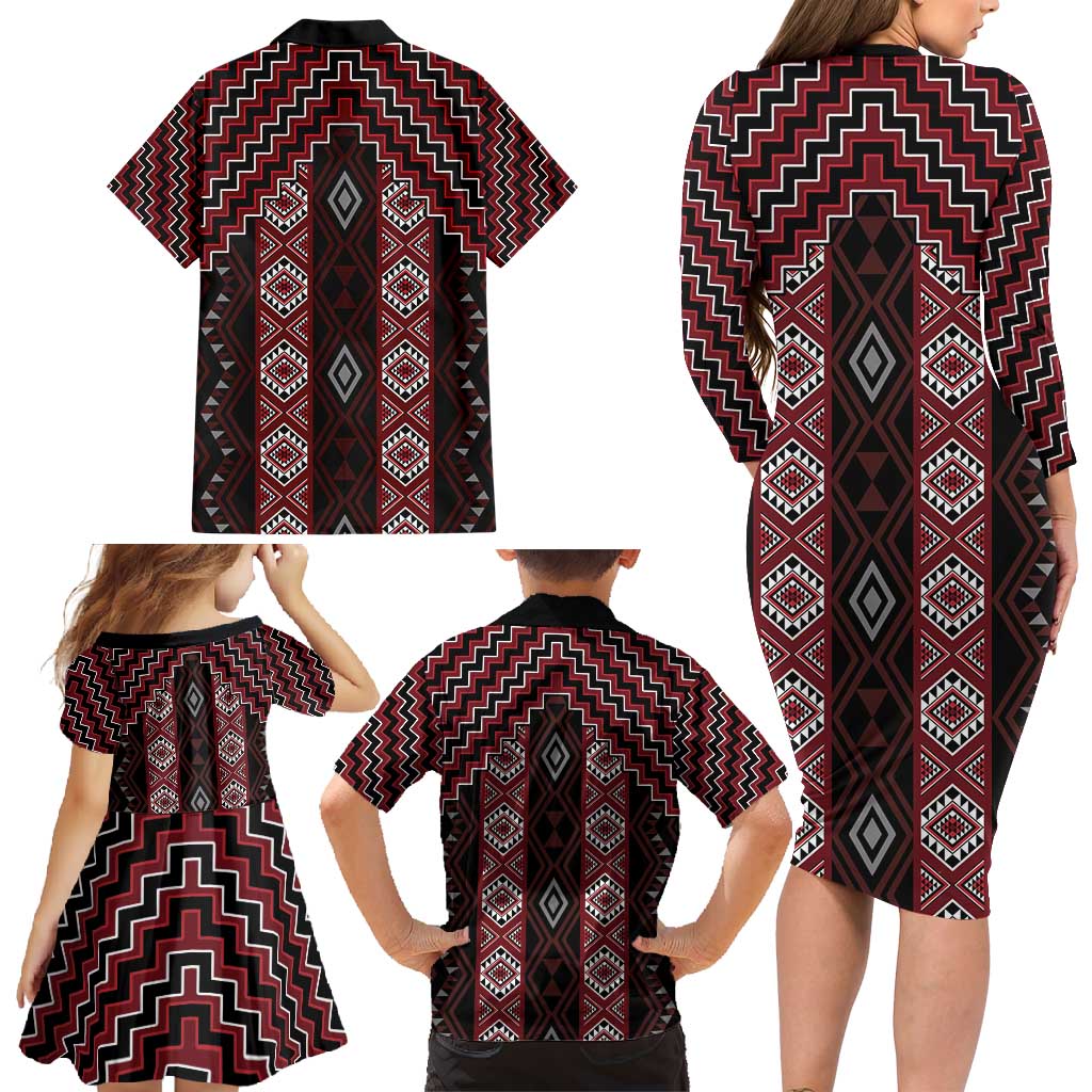 New Zealand Aotearoa Family Matching Long Sleeve Bodycon Dress and Hawaiian Shirt Red Poutama With Taniko Pattern LT05 - Polynesian Pride