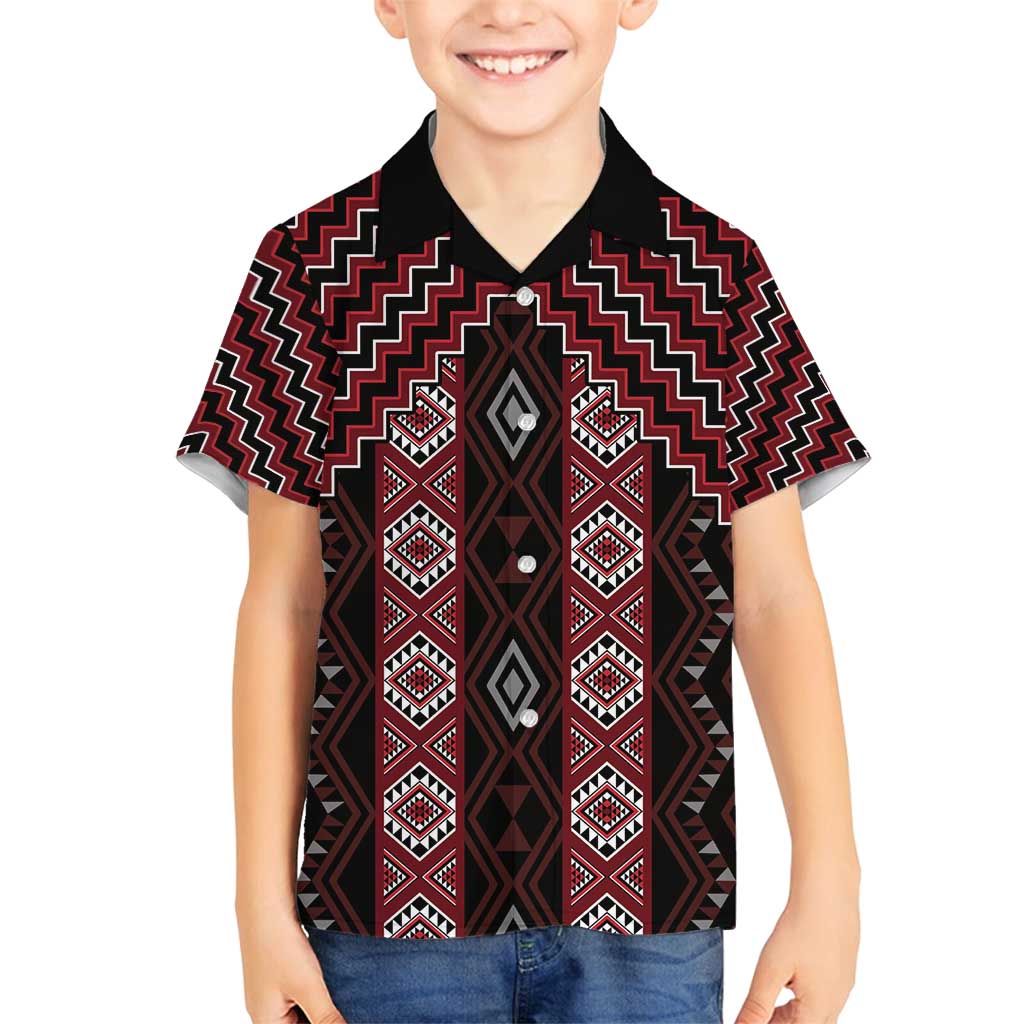 New Zealand Aotearoa Family Matching Long Sleeve Bodycon Dress and Hawaiian Shirt Red Poutama With Taniko Pattern LT05 Son's Shirt Red - Polynesian Pride