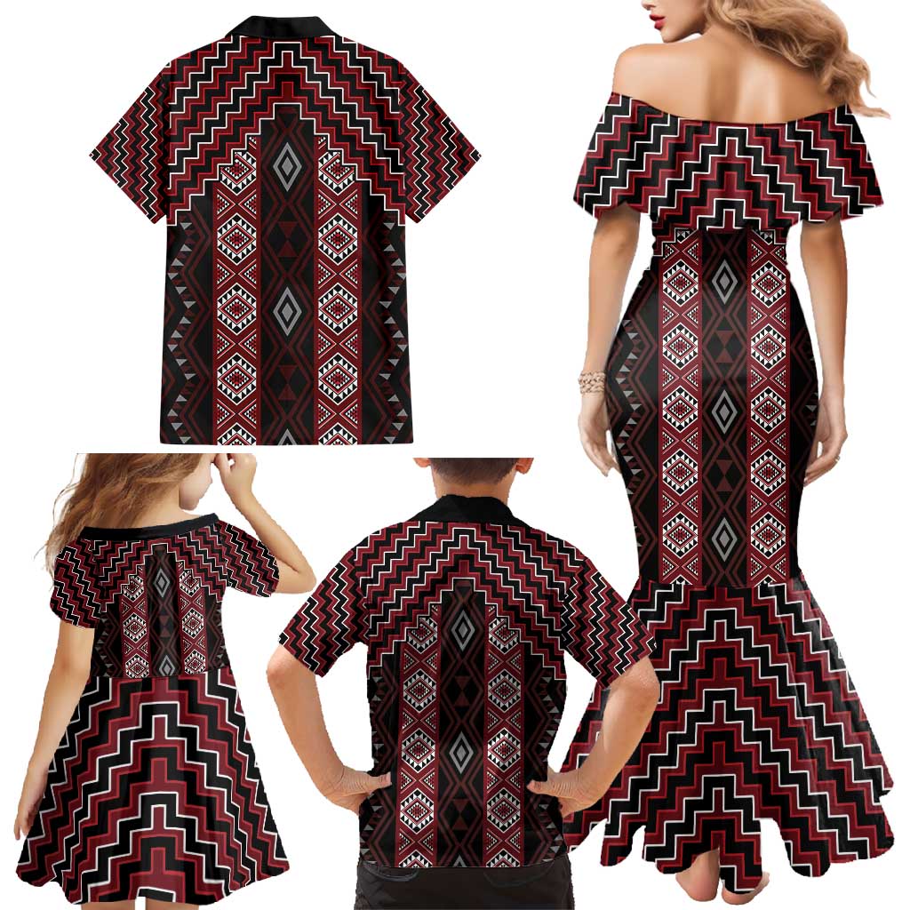 New Zealand Aotearoa Family Matching Mermaid Dress and Hawaiian Shirt Red Poutama With Taniko Pattern LT05 - Polynesian Pride