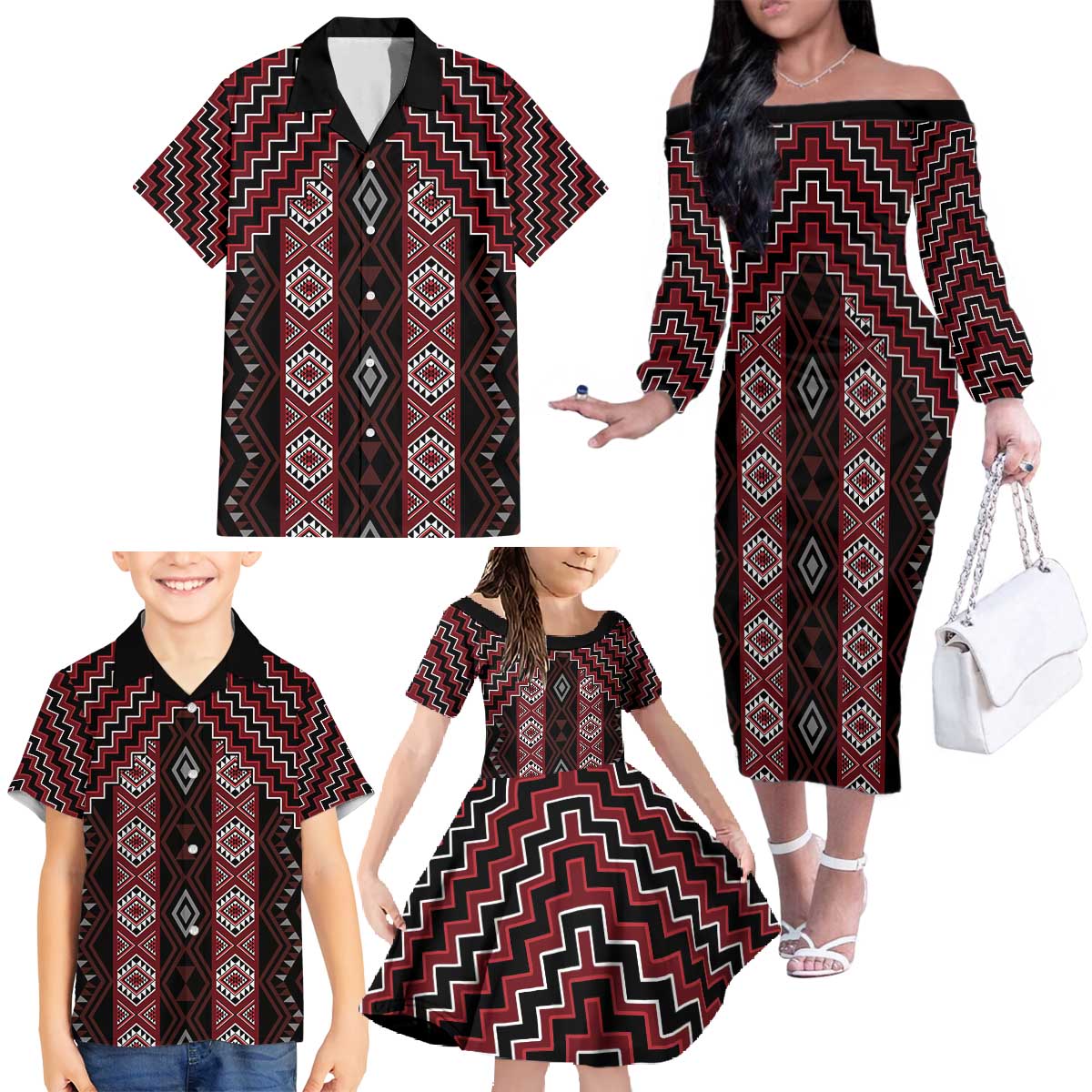 New Zealand Aotearoa Family Matching Off The Shoulder Long Sleeve Dress and Hawaiian Shirt Red Poutama With Taniko Pattern LT05 - Polynesian Pride