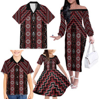 New Zealand Aotearoa Family Matching Off The Shoulder Long Sleeve Dress and Hawaiian Shirt Red Poutama With Taniko Pattern LT05 - Polynesian Pride