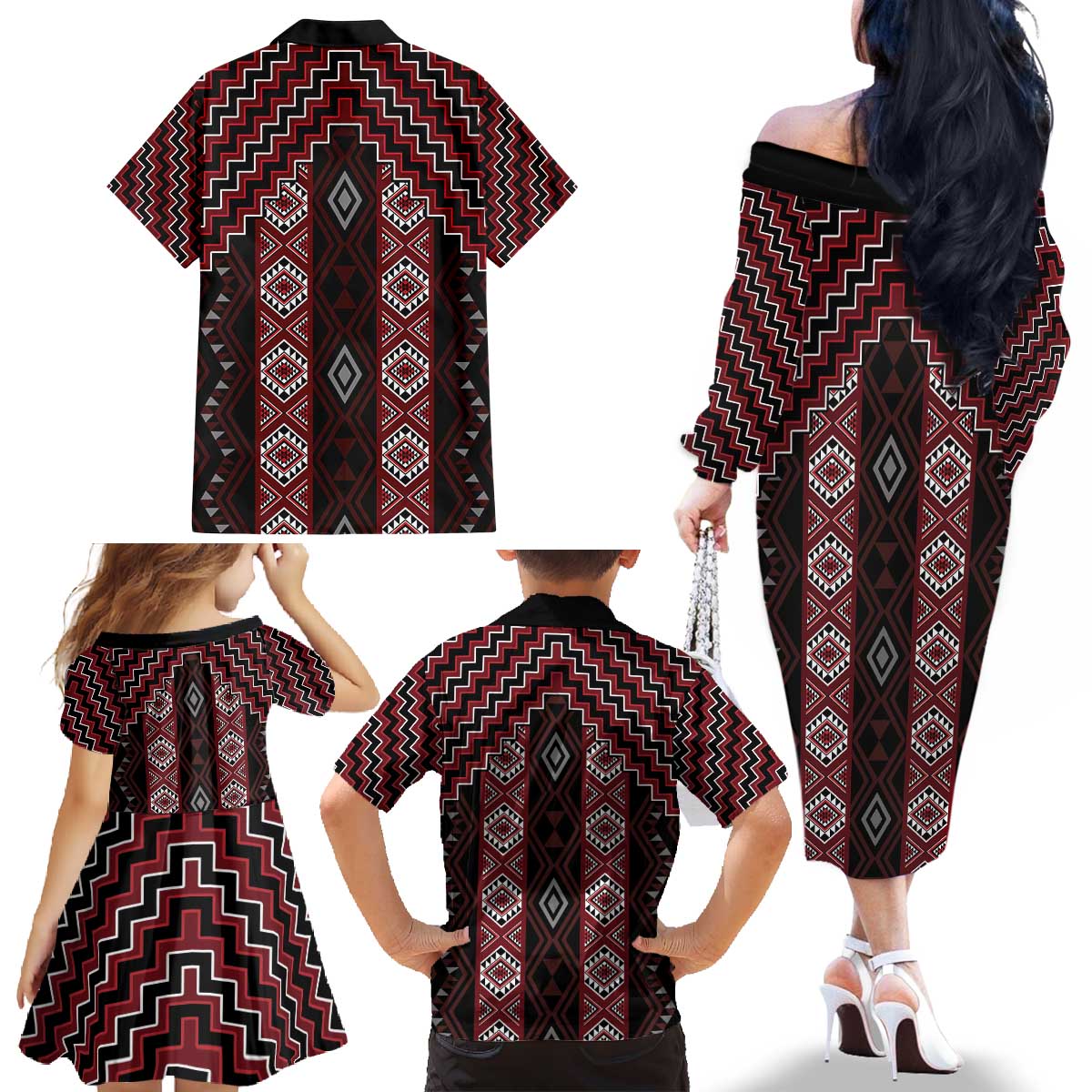 New Zealand Aotearoa Family Matching Off The Shoulder Long Sleeve Dress and Hawaiian Shirt Red Poutama With Taniko Pattern LT05 - Polynesian Pride