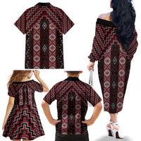 New Zealand Aotearoa Family Matching Off The Shoulder Long Sleeve Dress and Hawaiian Shirt Red Poutama With Taniko Pattern LT05 - Polynesian Pride