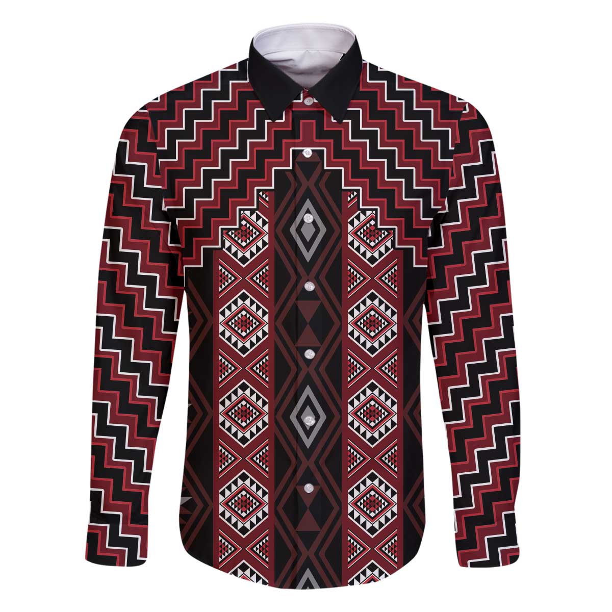 New Zealand Aotearoa Family Matching Off The Shoulder Long Sleeve Dress and Hawaiian Shirt Red Poutama With Taniko Pattern LT05 Dad's Shirt - Long Sleeve Red - Polynesian Pride