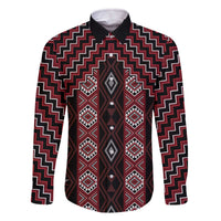 New Zealand Aotearoa Family Matching Off The Shoulder Long Sleeve Dress and Hawaiian Shirt Red Poutama With Taniko Pattern LT05 Dad's Shirt - Long Sleeve Red - Polynesian Pride