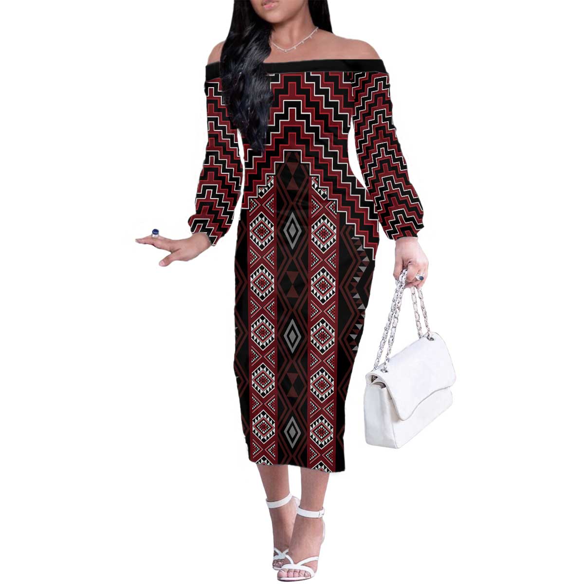 New Zealand Aotearoa Family Matching Off The Shoulder Long Sleeve Dress and Hawaiian Shirt Red Poutama With Taniko Pattern LT05 Mom's Dress Red - Polynesian Pride