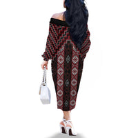 New Zealand Aotearoa Family Matching Off The Shoulder Long Sleeve Dress and Hawaiian Shirt Red Poutama With Taniko Pattern LT05 - Polynesian Pride