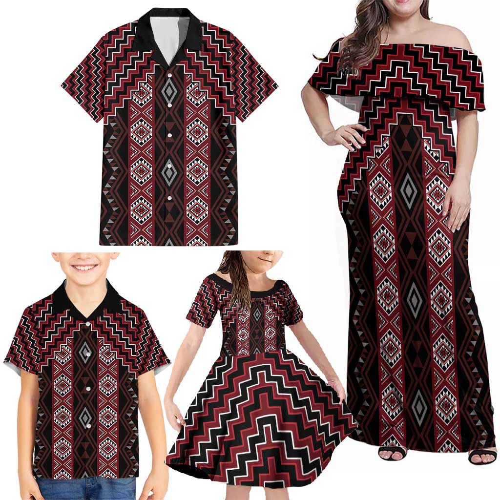 New Zealand Aotearoa Family Matching Off Shoulder Maxi Dress and Hawaiian Shirt Red Poutama With Taniko Pattern LT05 - Polynesian Pride