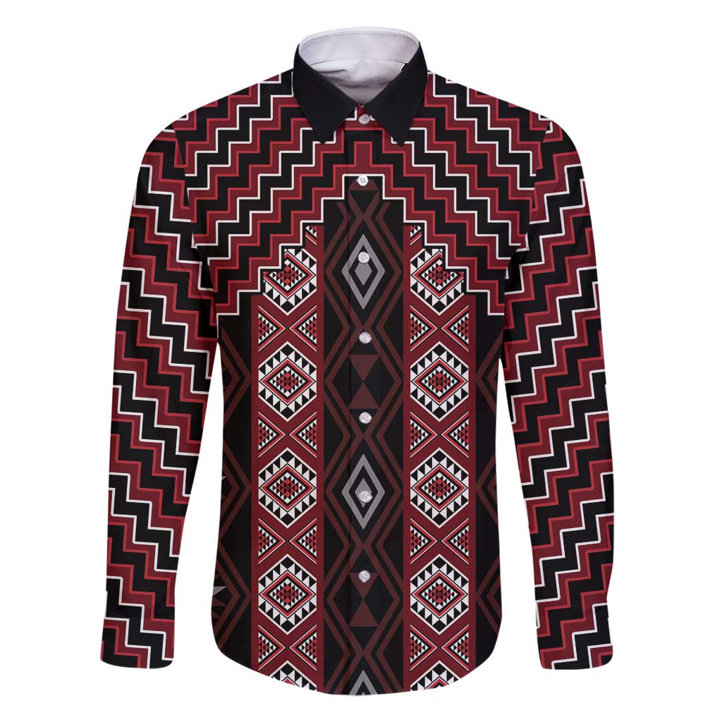 New Zealand Aotearoa Family Matching Off Shoulder Maxi Dress and Hawaiian Shirt Red Poutama With Taniko Pattern LT05 Dad's Shirt - Long Sleeve Red - Polynesian Pride